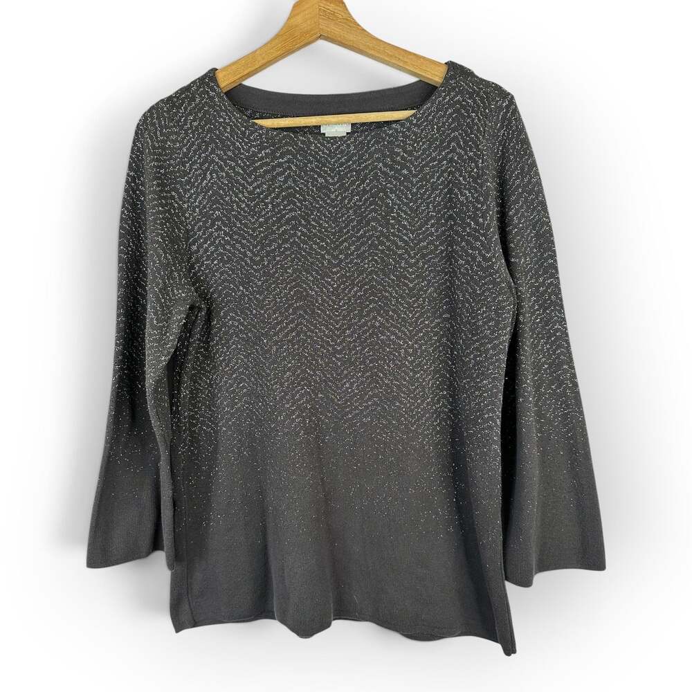 Chicos Women 1 M Black Metallic Ombre Chevron Sweater 3/4 Sleeve Sparkle Knit
